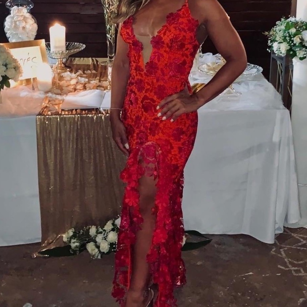 Lovers and Friends lace cross back slit gown